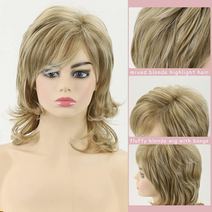 Short Mixed Blonde Curly Wig with Bangs Natural Wavy Synthetic Wigs for Women
