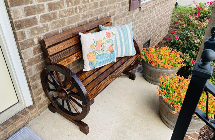 2-Person Wooden Wagon Wheel Bench for Backyard, Patio, Porch, Garden, Outdoor Lounge Furniture