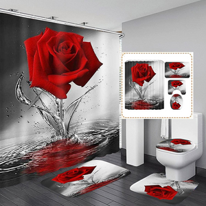 💥NEW💥4PCS Red Rose Shower Curtain Sets with Non-Slip Rugs ,Toilet Lid Cover and Bath Mat