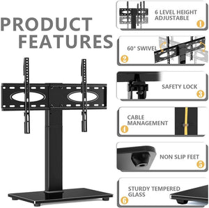 Universal Swivel TV Stand for 37 to 70 inch TV, Table Top TV Stand with Tempered Glass Base