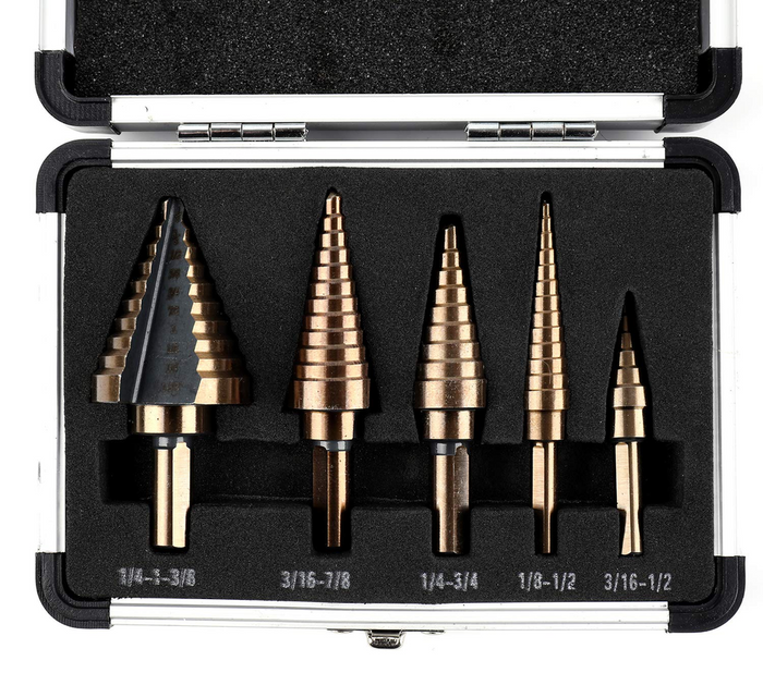 5 PCS Cobalt Coated Step Drill Bit Kit with Aluminum Case - Multiple Hole Cut 50 Sizes Drill Tool