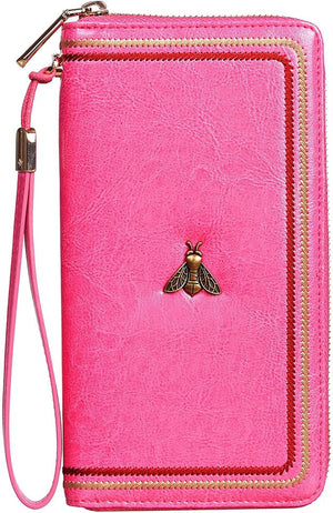 Rose Red Womens Large Capacity Wallet Genuine Leather RFID Blocking