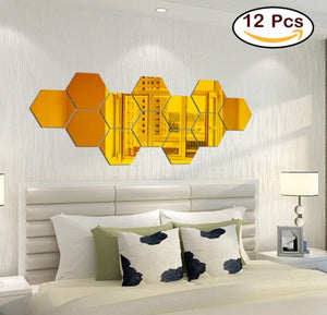 12Pcs Removable 3D Gold Hexagon Wall Stickers Mirror Acrylic Art DIY Home Decor