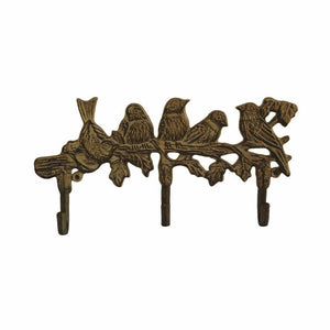 12" Wide Cast Iron Rustic Birds on Tree Branch with 3 Hooks Wall Mounted Home Decor