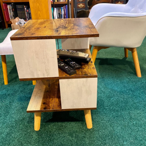 Mid Century Side/ End Table, Nightstand with Shelves for Bedroom, Living Room, White and Brown
