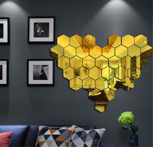 12Pcs Removable 3D Gold Hexagon Wall Stickers Mirror Acrylic Art DIY Home Decor