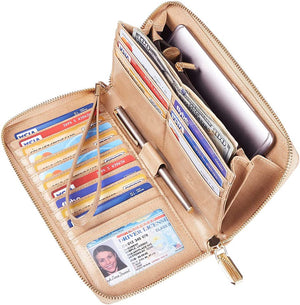 Womens Large Capacity Wallet Genuine Leather RFID Blocking Purse - Khaki