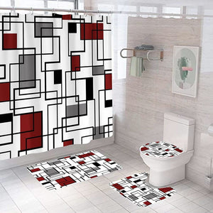 4 Pcs White and Black Shower Curtain Set with Non-Slip Rugs with 12 Hook