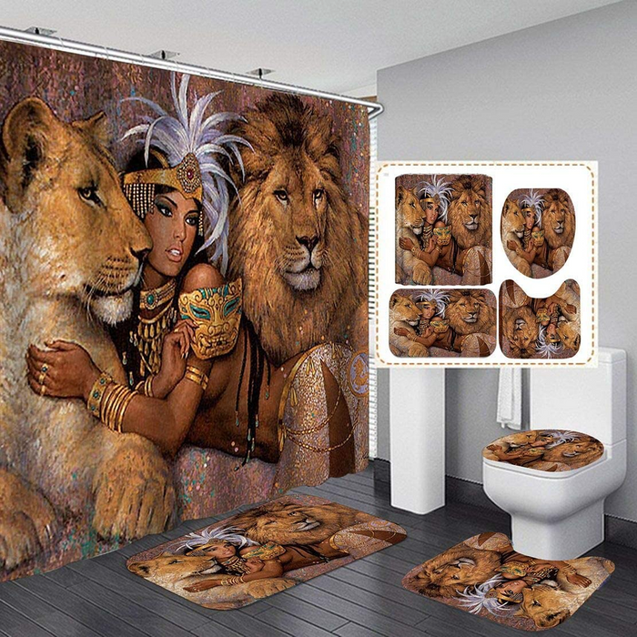 💦16PCS/Set Lion African Woman Shower Curtain Polyester Cloth Fabric Afro Girl Egyptian Lady