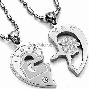 SILVER His and Hers Stainless Steel I Love You Heart Lock & Key Couple Pendant Necklace