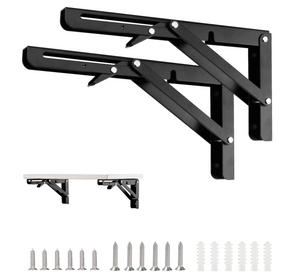 2 Pcs Folding Shelf Brackets 10 Inches Heavy Duty Black Metal Triangle Table Bench Wall Mounted