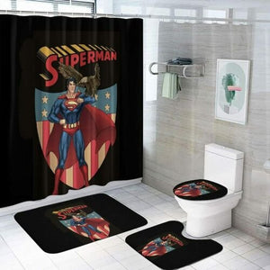 Superman 4PC Cartoon Shower Curtain Set Non-Slip Rug+Toilet Lid Cover+Bath Mat(Elongated)