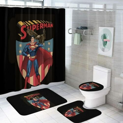 Superman 4PC Cartoon Shower Curtain Set Non-Slip Rug+Toilet Lid Cover+Bath Mat(Elongated)