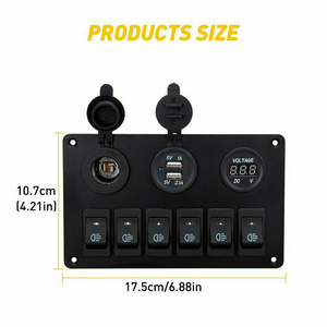 6 Gang Toggle Rocker Switch Panel Dual USB for Car Boat Marine RV Truck Blue LED