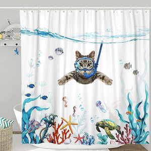 Funny Cat Shower Curtain Set Teal Blue Sea Ocean Waterproof Fabric Shower Curtains Blue, 72''×72''