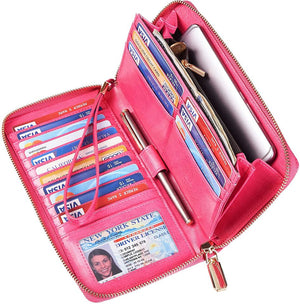 Rose Red Womens Large Capacity Wallet Genuine Leather RFID Blocking