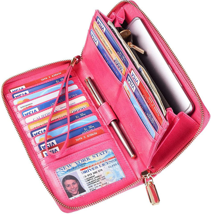 Rose Red Womens Large Capacity Wallet Genuine Leather RFID Blocking