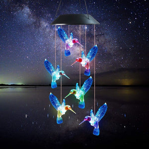Blue Hummingbird Wind Chimes Color Changing Six Waterproof LED Solar Light