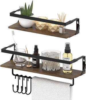 Set of 2 Brown Rustic Floating Shelves with Hooks and Towel Bar