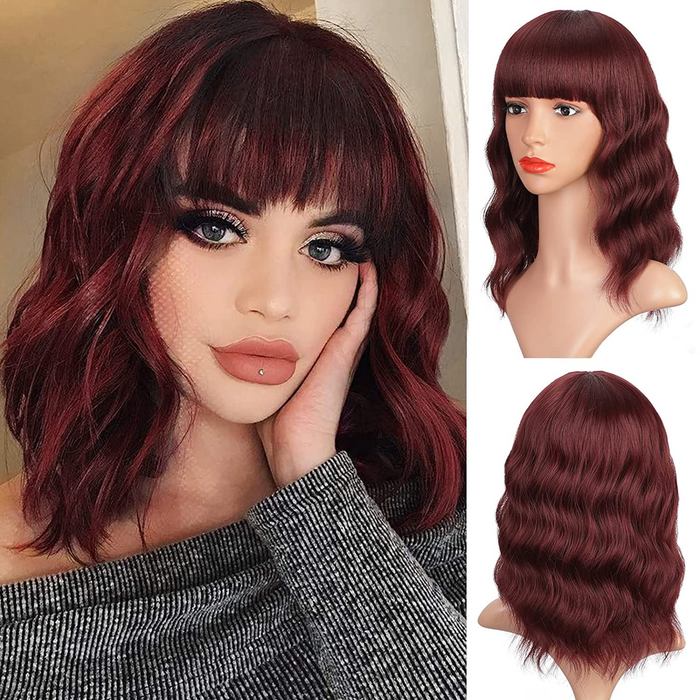 Wine Red Wigs for Women Synthetic Shoulder Length Wig with Bangs Short Curly Wavy Bob Wigs for Women Girls