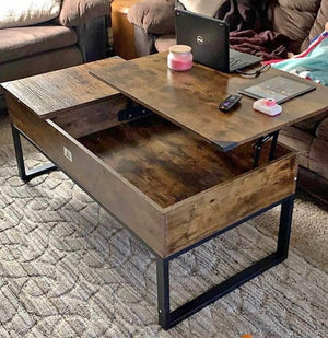 Split Lift-top Coffee Table Accent Tablewith Hidden Storage Compartments and Side Drawer, Rustic Brown