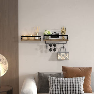 Set of 2 Brown Rustic Floating Shelves with Hooks and Towel Bar
