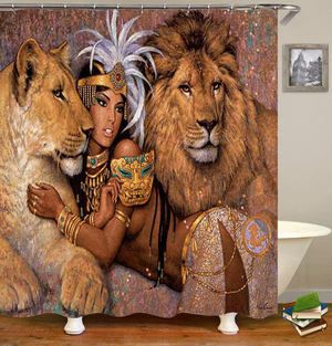 💦16PCS/Set Lion African Woman Shower Curtain Polyester Cloth Fabric Afro Girl Egyptian Lady