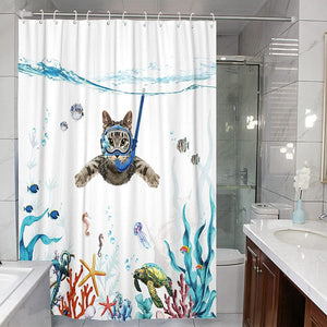 Funny Cat Shower Curtain Set Teal Blue Sea Ocean Waterproof Fabric Shower Curtains Blue, 72''×72''