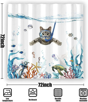 Funny Cat Shower Curtain Set Teal Blue Sea Ocean Waterproof Fabric Shower Curtains Blue, 72''×72''