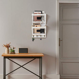 😻🐶 Rustic Wooden Mail Holder Wall Mounted with 4 Key Hooks, Wooden Mail Sorter Organizer,