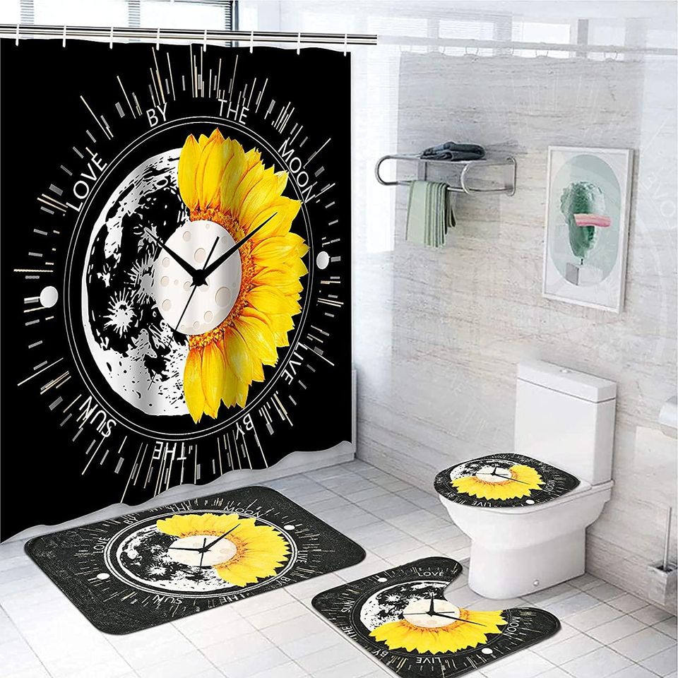 Sunflower Shower Curtain Set with Non-Slip Rug, Toilet Lid Cover and Bath Mat, Black Yellow (4 PCS)