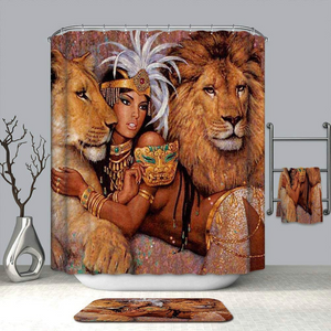 💦16PCS/Set Lion African Woman Shower Curtain Polyester Cloth Fabric Afro Girl Egyptian Lady