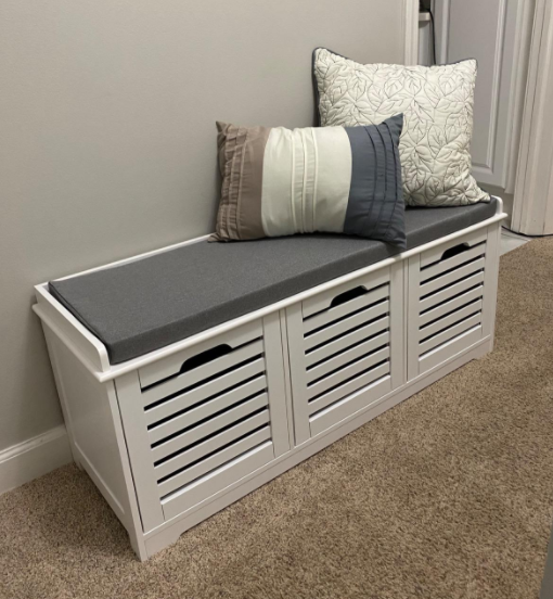 New White Hallway Storage Bench with 3 Drawers & Padded Seat Cushion