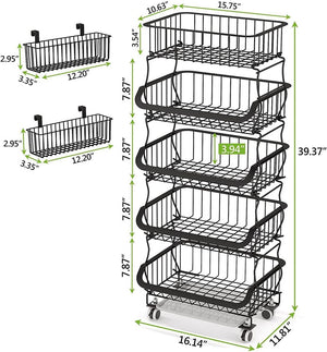 5 Tier Fruit Basket with 2 Free Baskets, Fruit and Vegetable Storage Cart