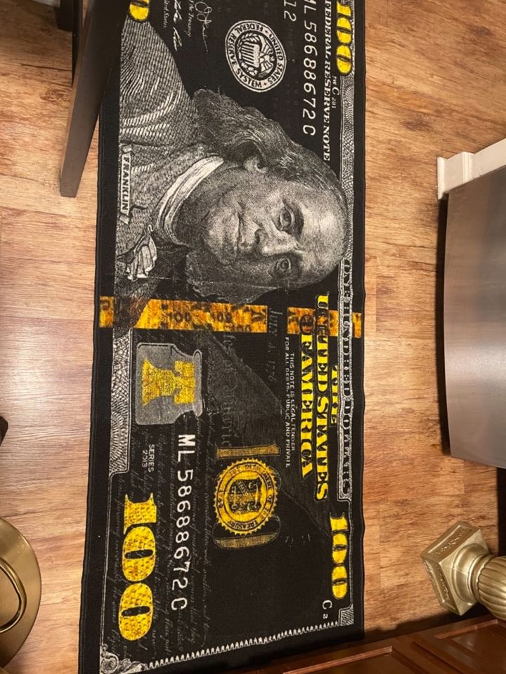 100 Dollar Bill 18" x 43" Black Money Runner Rug Designer Floor Decor Carpet