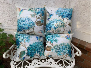 Beautiful Blue Hydrangea &Hummingbirds pillow Covers 18x18” Set of 4 Linen, Outdoor/Indoor
