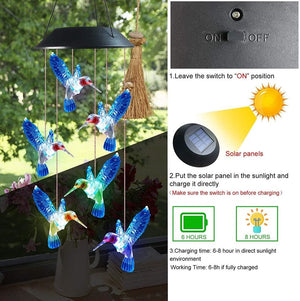 Blue Hummingbird Wind Chimes Color Changing Six Waterproof LED Solar Light