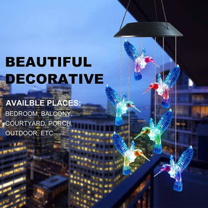 Blue Hummingbird Wind Chimes Color Changing Six Waterproof LED Solar Light