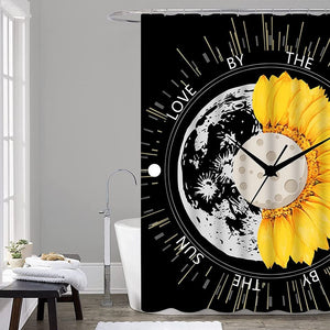 Sunflower Shower Curtain Set with Non-Slip Rug, Toilet Lid Cover and Bath Mat, Black Yellow (4 PCS)
