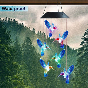 Blue Hummingbird Wind Chimes Color Changing Six Waterproof LED Solar Light