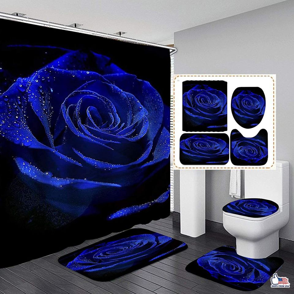 Shower Curtain Royal Blue Rose Curtain Set Non-slip Bath Rugs Toilet Mat 4 PCS