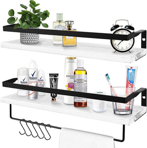 Set of 2 White Floating Shelves for Wall, Rustic Wood Floating Shelf with Rails & Towel Holder NEW