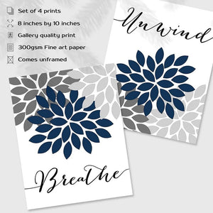 Set of 4 - Relax Soak Unwind Breathe Bathroom Wall Decor, 8x10" , Unframed