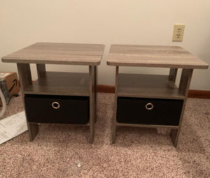 Set of 2 End Side Table with Bin Drawer, Bedroom Nightstand, French Oak Grey/Black