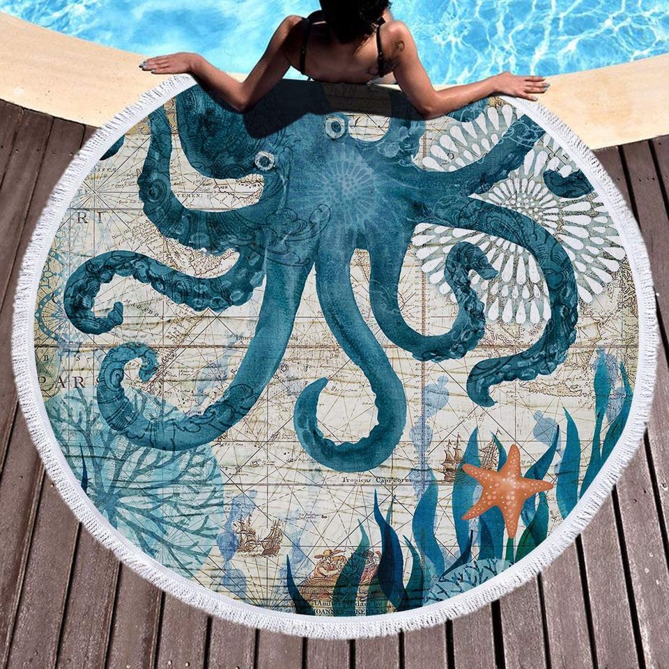 Round Beach Towel Octopus Microfiber Beach Blanket Blue Ocean Sea, 59 Inches
