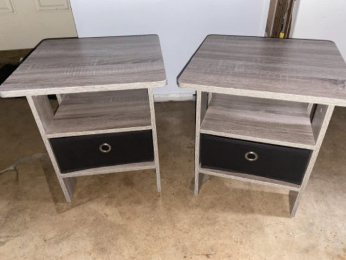 Set of 2 End Side Table with Bin Drawer, Bedroom Nightstand, French Oak Grey/Black