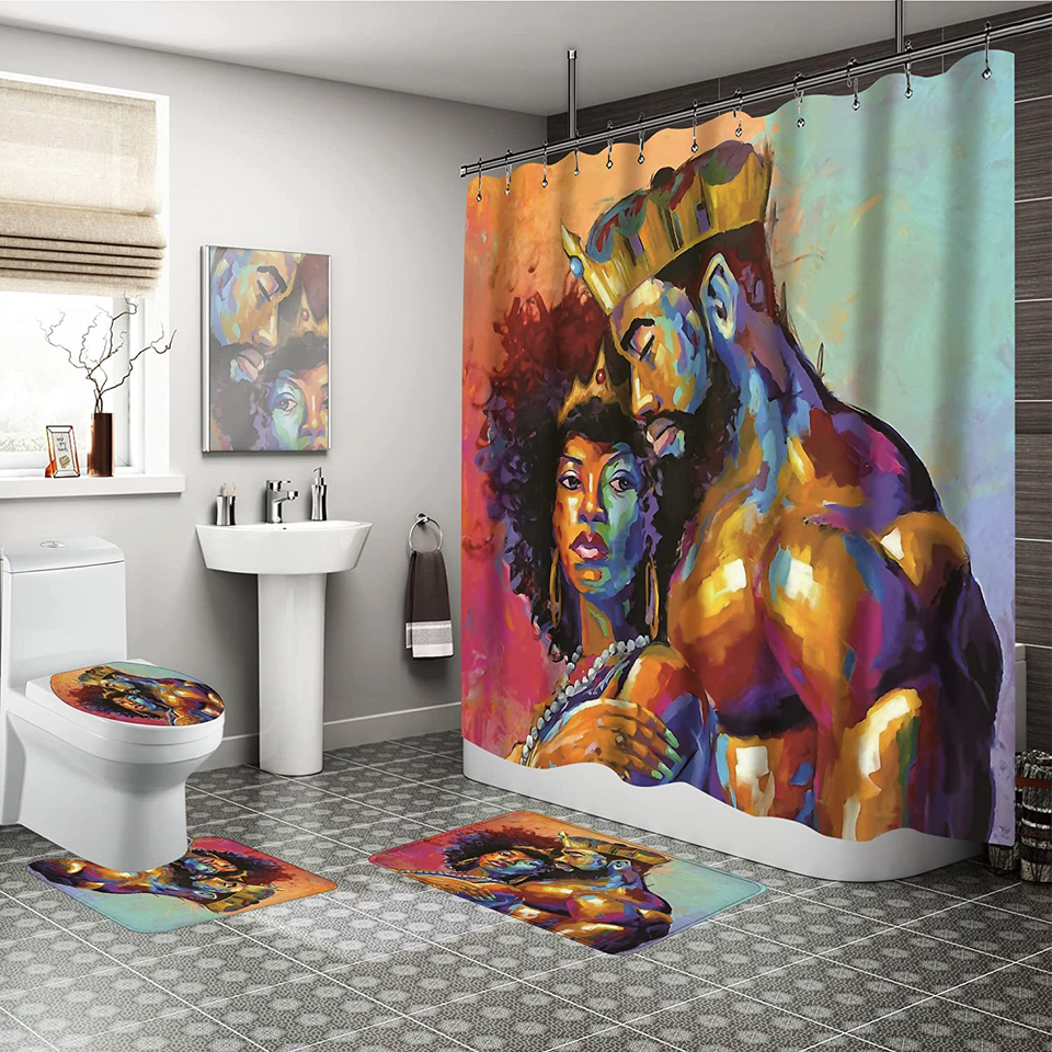 💦NEW💦 4 Pcs Sets African American King&Queen Shower Curtain Bathroom Set with 12 Hooks