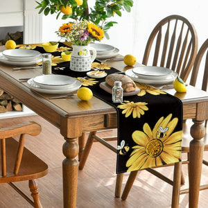 Bee Sunflower Table Runner Black for Kitchen Dining Table Decoration-13x72