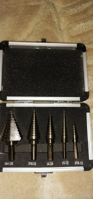5 PCS Cobalt Coated Step Drill Bit Kit with Aluminum Case - Multiple Hole Cut 50 Sizes Drill Tool