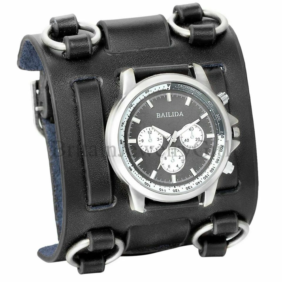 Silver Men's Punk Style Black Wide Leather Watch Three Leather Straps Cuff Wristwatch
